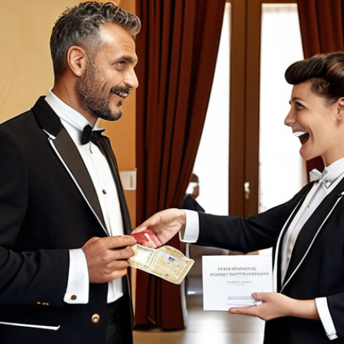 Home 15 **
"A frustrated guest is talking to a friendly hotel manager in a stylish Rome hotel lobby. In the background, a bellhop is bringing luggage towards an upgraded suite. The manager is gesturing reassuringly with one hand, and in the other, they are holding a voucher for a complimentary bottle of Prosecco."
**