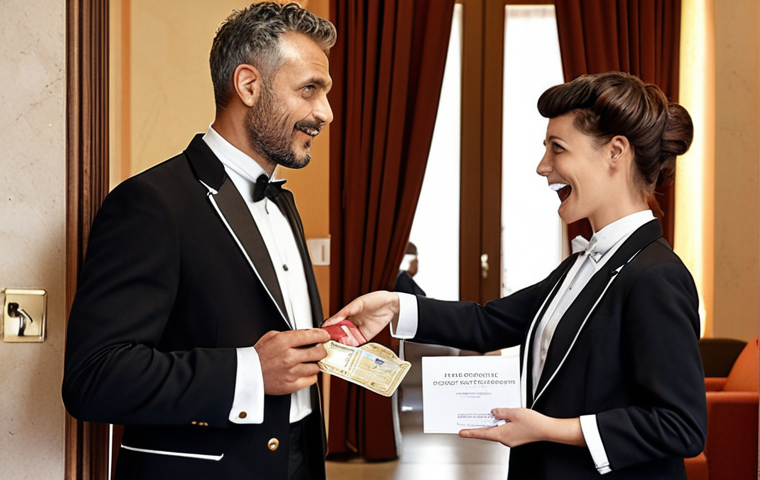 **

"A frustrated guest is talking to a friendly hotel manager in a stylish Rome hotel lobby. In the background, a bellhop is bringing luggage towards an upgraded suite. The manager is gesturing reassuringly with one hand, and in the other, they are holding a voucher for a complimentary bottle of Prosecco."

**
