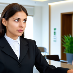 A professional female hotel receptionist, fully clothed in a modest, dark uniform with a crisp white shirt, standing attentively behind a gleaming reception desk. She has a calm, empathetic expression, making eye contact with a visibly frustrated but not aggressive male guest, who is also fully clothed in smart casual attire. Her posture conveys active listening and professionalism. The setting is a modern, brightly lit hotel lobby with a welcoming atmosphere, featuring subtle Italian design elements, and a blurred background of plants and contemporary art. perfect anatomy, correct proportions, natural pose, well-formed hands, proper finger count, natural body proportions, professional photography, high quality, highly detailed, realistic, safe for work, appropriate content, fully clothed, professional, modest attire, family-friendly.