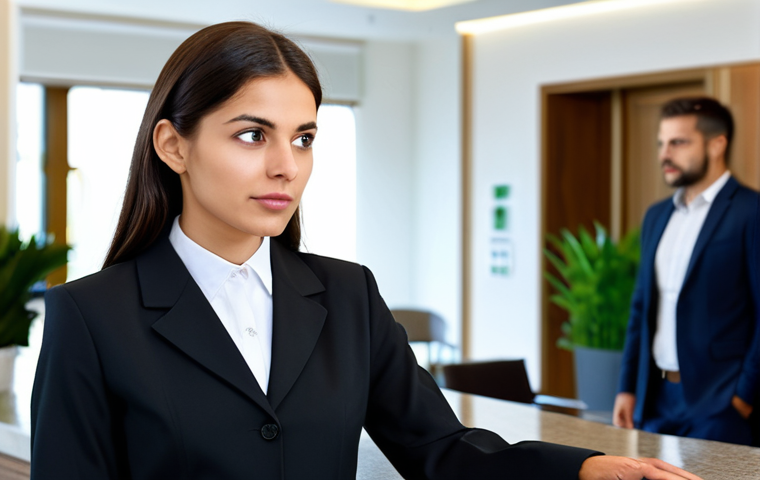 A professional female hotel receptionist, fully clothed in a modest, dark uniform with a crisp white shirt, standing attentively behind a gleaming reception desk. She has a calm, empathetic expression, making eye contact with a visibly frustrated but not aggressive male guest, who is also fully clothed in smart casual attire. Her posture conveys active listening and professionalism. The setting is a modern, brightly lit hotel lobby with a welcoming atmosphere, featuring subtle Italian design elements, and a blurred background of plants and contemporary art. perfect anatomy, correct proportions, natural pose, well-formed hands, proper finger count, natural body proportions, professional photography, high quality, highly detailed, realistic, safe for work, appropriate content, fully clothed, professional, modest attire, family-friendly.