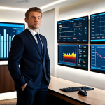 A confident, professional hotel manager, fully clothed in a modest business suit, standing in a sophisticated, high-tech hotel control room. The room features multiple large screens displaying intricate data visualizations, graphs, and real-time hotel metrics, subtly hinting at AI and big data analysis. Modern, minimalist design with sleek furniture and ambient lighting. Perfect anatomy, correct proportions, natural pose, well-formed hands, proper finger count, natural body proportions, professional photography, high resolution, detailed, safe for work, appropriate content, fully clothed, professional dress.