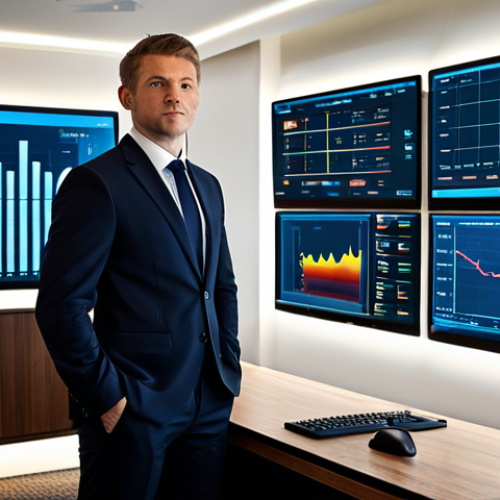 Home 7 A confident, professional hotel manager, fully clothed in a modest business suit, standing in a sophisticated, high-tech hotel control room. The room features multiple large screens displaying intricate data visualizations, graphs, and real-time hotel metrics, subtly hinting at AI and big data analysis. Modern, minimalist design with sleek furniture and ambient lighting. Perfect anatomy, correct proportions, natural pose, well-formed hands, proper finger count, natural body proportions, professional photography, high resolution, detailed, safe for work, appropriate content, fully clothed, professional dress.