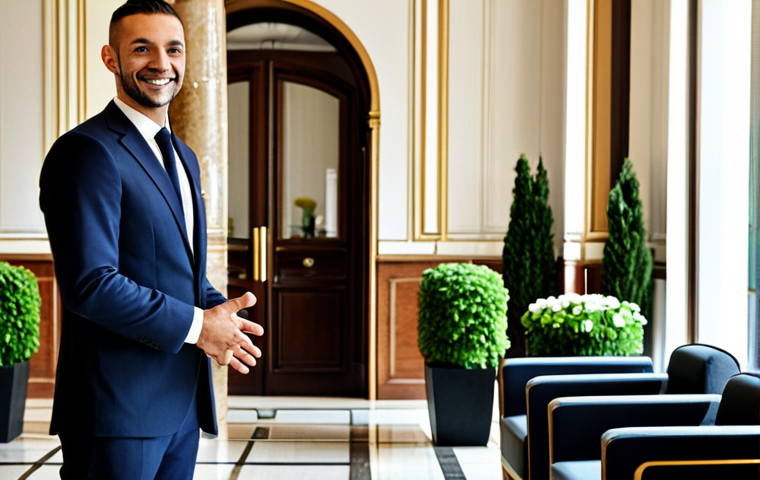 **

"A bright and modern hotel lobby in Milan. A sharply dressed Hotel Manager, fully clothed in a professional business suit, stands confidently greeting guests. The scene includes tasteful Italian décor, fresh flowers, and smiling staff. Safe for work, appropriate content, professional setting, perfect anatomy, natural proportions, well-formed hands, family-friendly."

**