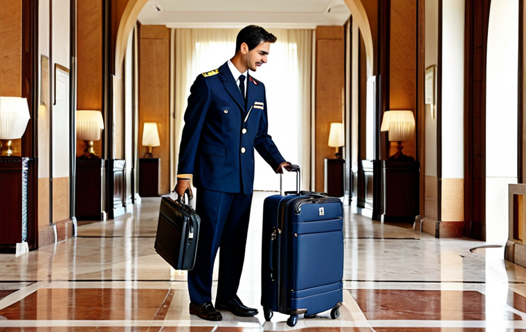 호텔 실무에서 사용하는 외국어 - **Prompt:** A friendly hotel concierge, fully clothed in a professional uniform, assisting a guest w...