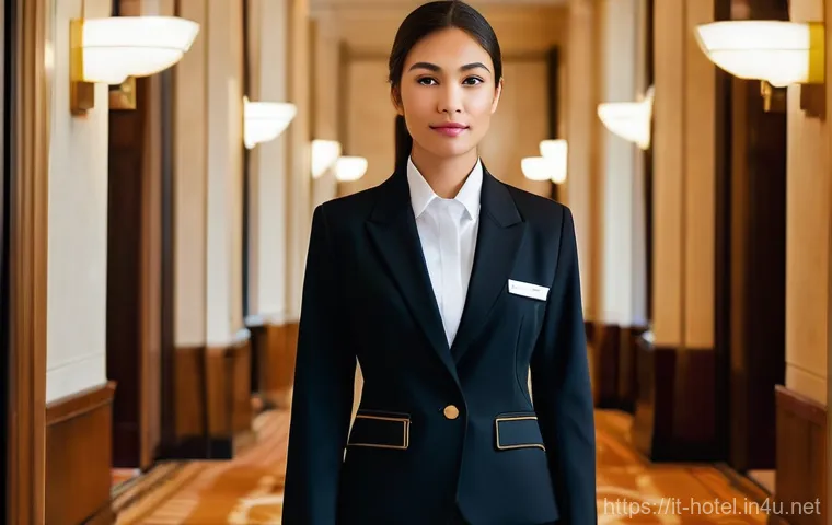 호텔 실기 시험에서 흔히 하는 실수 - **Prompt:** A serene, elegantly dressed hotel professional, possibly a student, stands in a quiet, l...