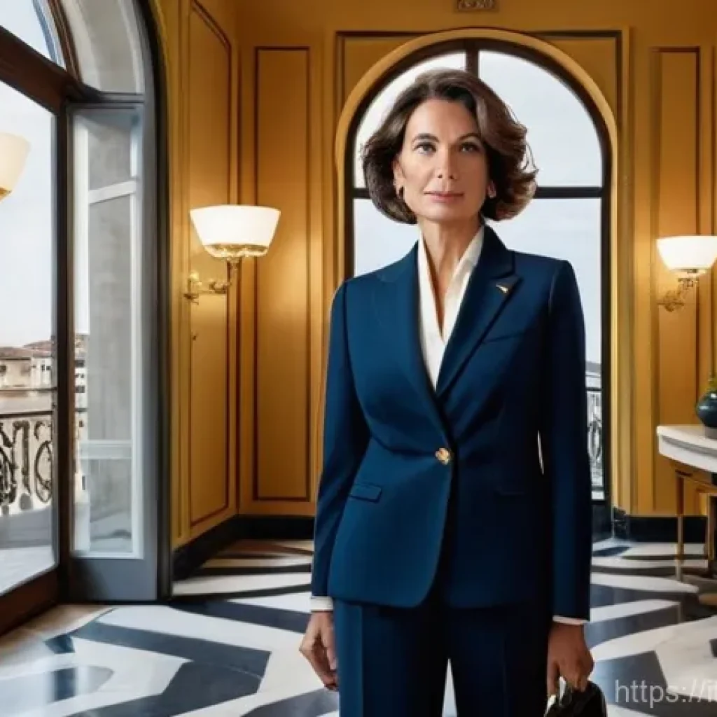 호텔관리사 시험 최신 동향 - **Prompt:** A visionary Italian Hotel Director, a sophisticated woman in her late 40s, stands confid...