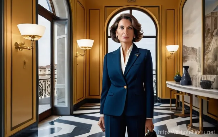 호텔관리사 시험 최신 동향 - **Prompt:** A visionary Italian Hotel Director, a sophisticated woman in her late 40s, stands confid...