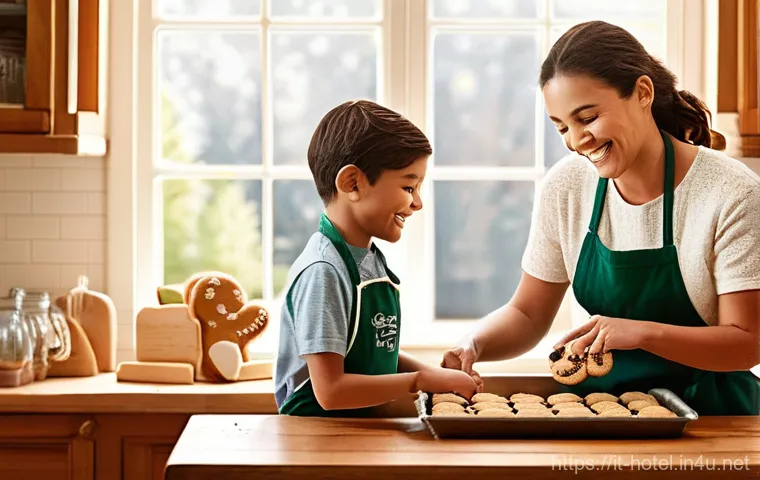 호텔 실무 트렌드 변화에 대한 대응법 - **Prompt:** A cozy, sunlit kitchen scene with a family of four happily baking cookies. A young child...