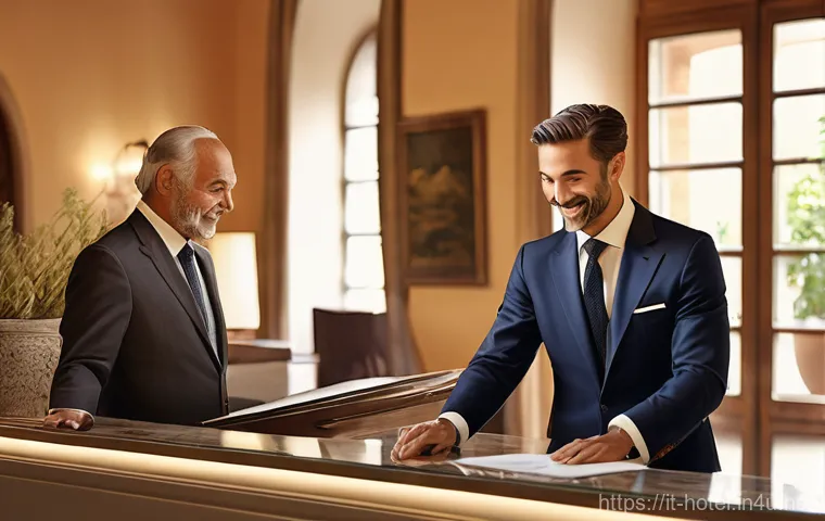 호텔 취업 포트폴리오 작성 팁 - A warm and empathetic Italian hotel manager, dressed in elegant business attire, is seen expertly re...
