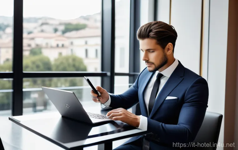 호텔 취업 포트폴리오 작성 팁 - A warm and empathetic Italian hotel manager, dressed in elegant business attire, is seen expertly re...