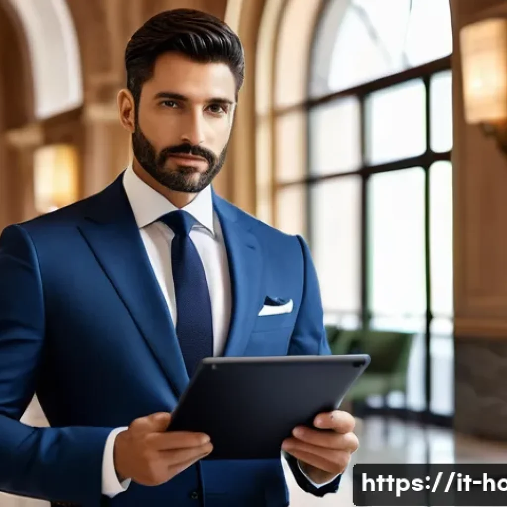 호텔 연봉 협상을 위한 시장 조사 - A confident Italian hotel professional, in their late 30s, stands in a sophisticated, sunlit hotel l...