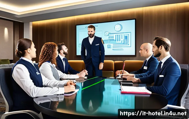 호텔 현장 관리에서의 위기 관리 사례 - **Prompt:** A diverse team of 6 hotel staff members, professionally dressed in modern hotel uniforms...