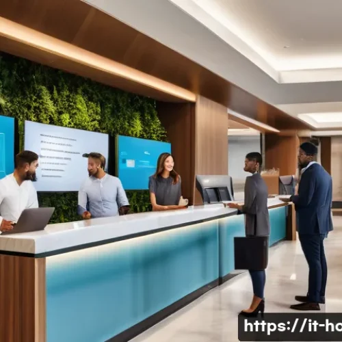 호텔업계 성공적인 커리어 플랜 - A modern hotel lobby scene showcasing a diverse team of hospitality professionals engaged in a train...