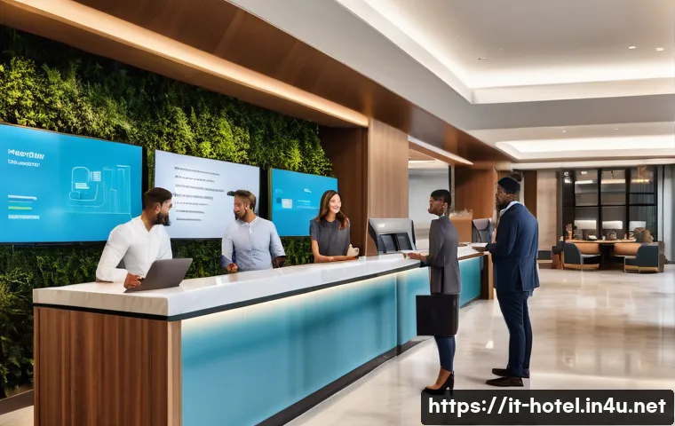 호텔업계 성공적인 커리어 플랜 - A modern hotel lobby scene showcasing a diverse team of hospitality professionals engaged in a train...