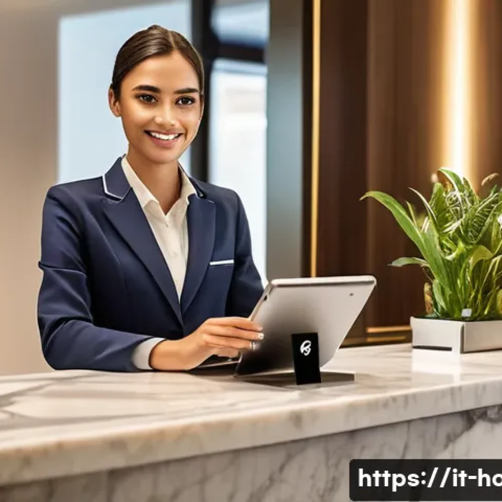 호텔 필기 시험 기출문제 분석 - A professional hotel receptionist standing behind a modern front desk inside a stylish Italian hotel...