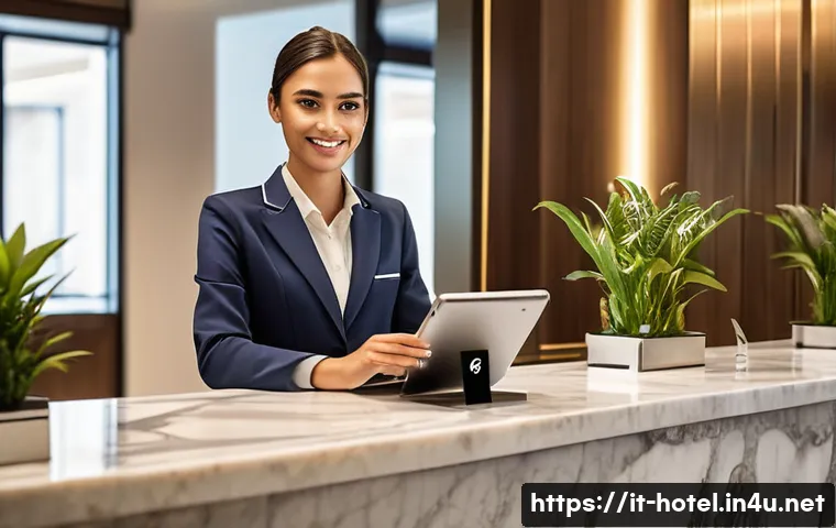 호텔 필기 시험 기출문제 분석 - A professional hotel receptionist standing behind a modern front desk inside a stylish Italian hotel...
