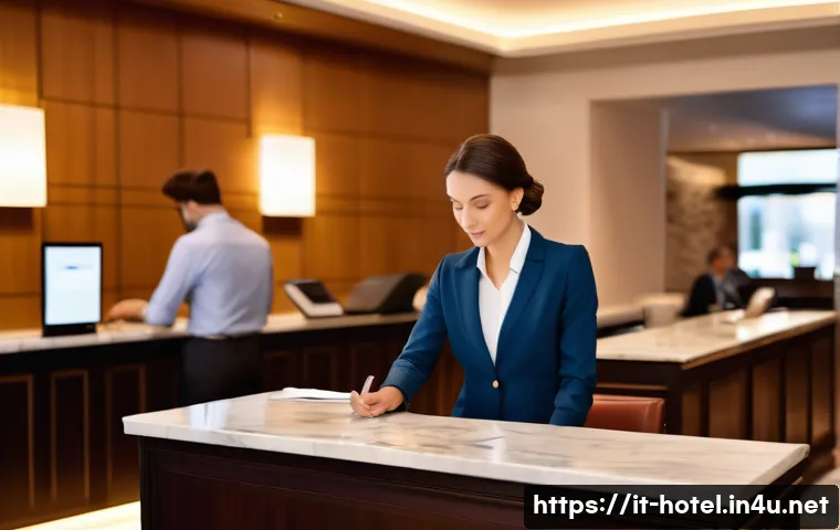 호텔 실무에 필요한 기본 소양 - A professional hotel front desk scene in a modern Italian hotel lobby during a busy check-in period,...