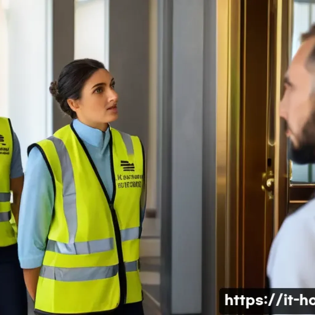 호텔 실무에서 발생하는 긴급 상황 대응법 - A well-organized hotel emergency response team during a fire drill: diverse staff members wearing pr...