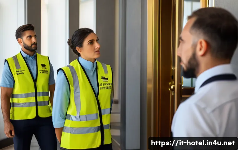 호텔 실무에서 발생하는 긴급 상황 대응법 - A well-organized hotel emergency response team during a fire drill: diverse staff members wearing pr...