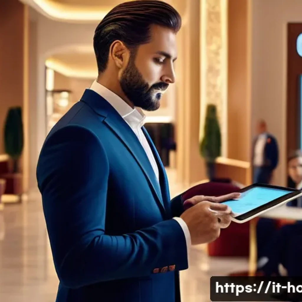 호텔관리사 시험 합격률 - A professional hotel manager in a modern Italian hotel lobby, wearing smart business attire, confide...