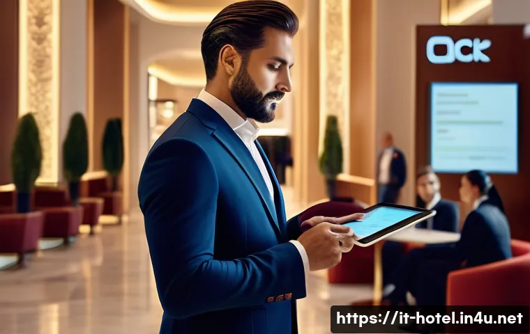 호텔관리사 시험 합격률 - A professional hotel manager in a modern Italian hotel lobby, wearing smart business attire, confide...