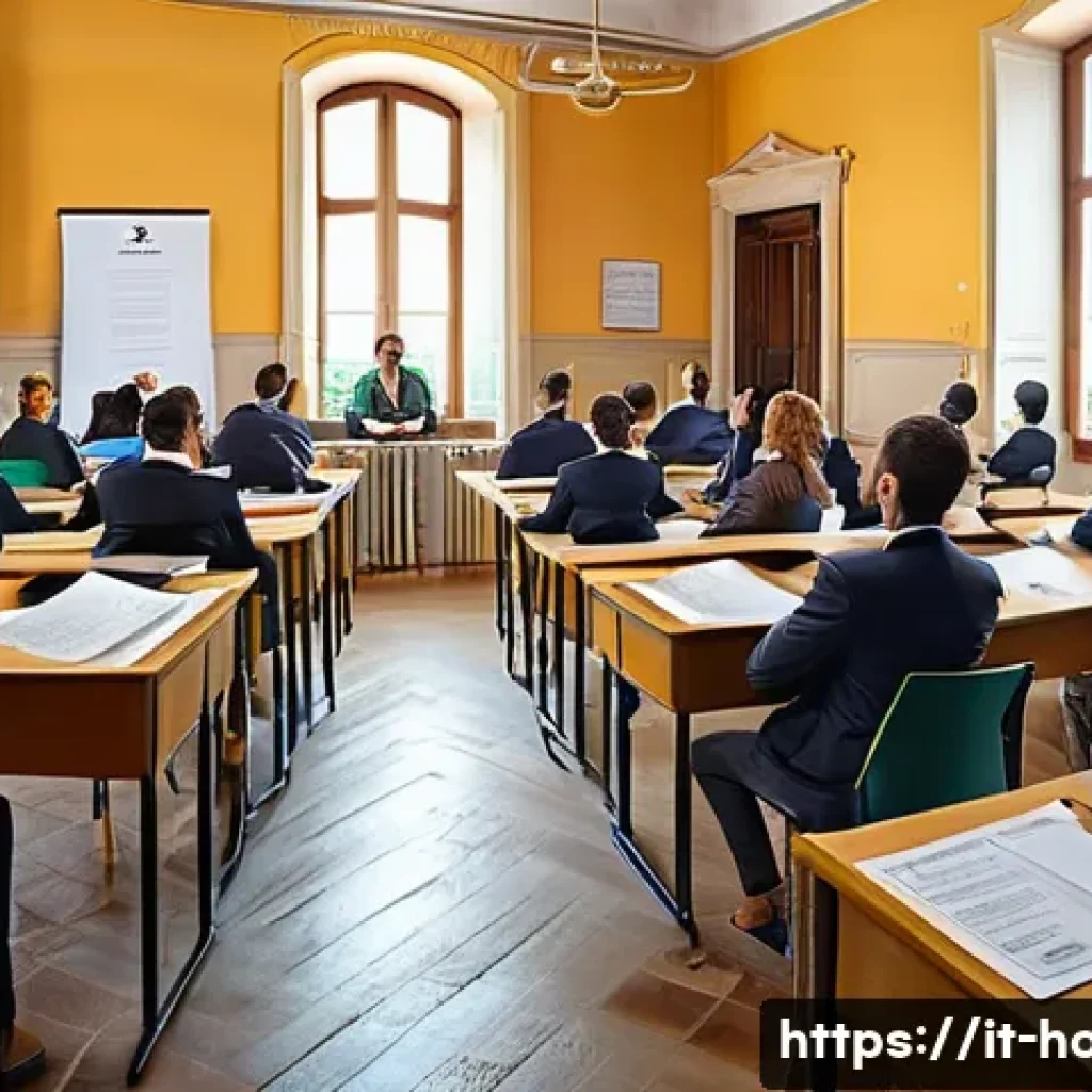 호텔 취업 과정에서 필요한 자격증 - A professional hospitality training classroom scene in Italy, featuring diverse adult students atten...