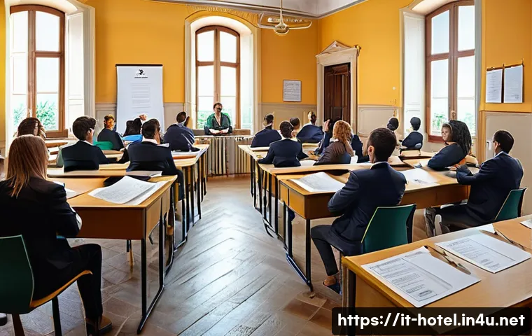 호텔 취업 과정에서 필요한 자격증 - A professional hospitality training classroom scene in Italy, featuring diverse adult students atten...