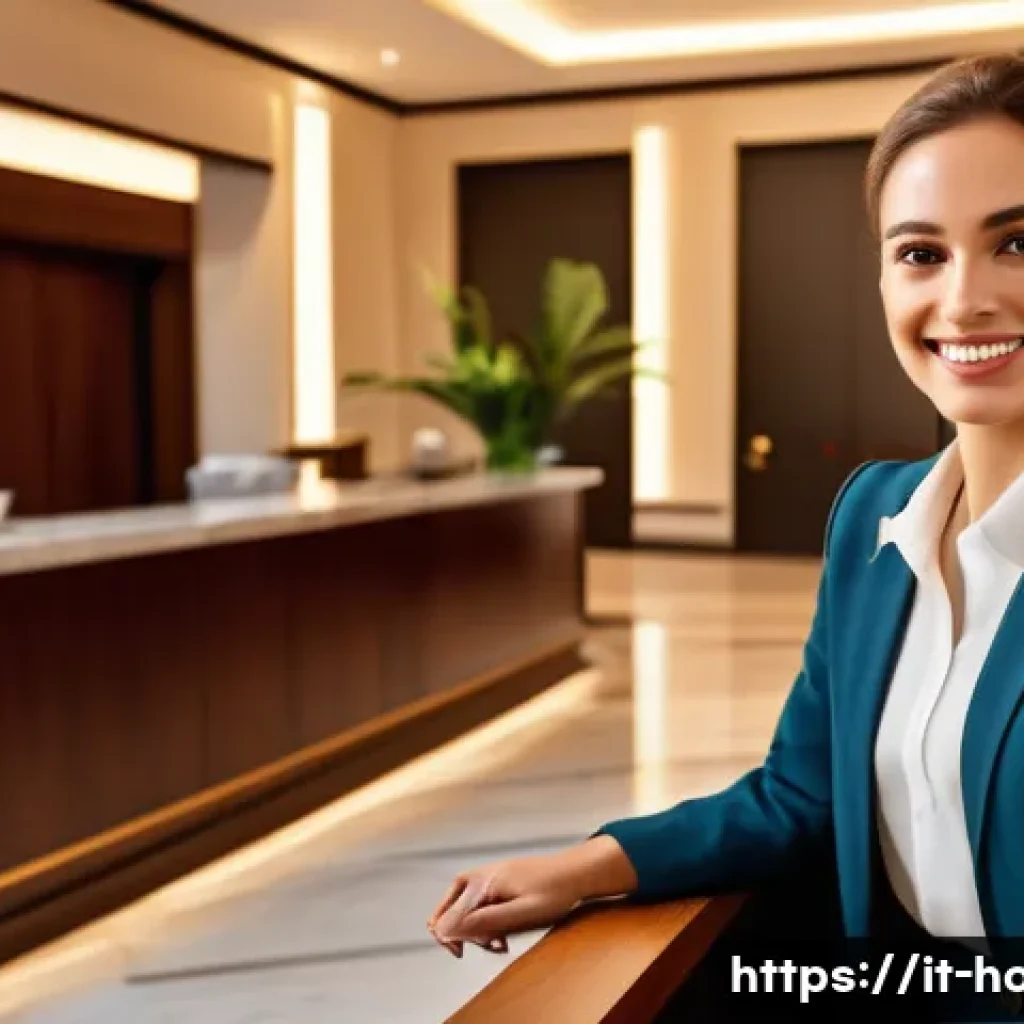호텔업계 경력 개발 방법 - A professional hotel receptionist engaging empathetically with guests at a modern Italian hotel lobb...