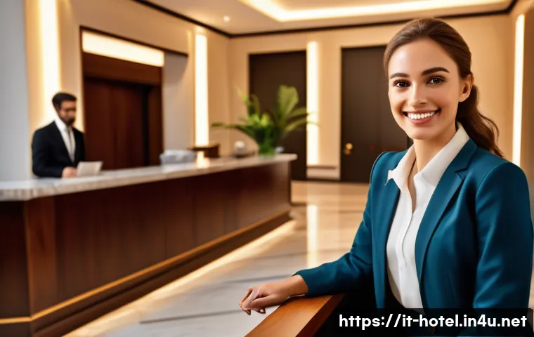 호텔업계 경력 개발 방법 - A professional hotel receptionist engaging empathetically with guests at a modern Italian hotel lobb...