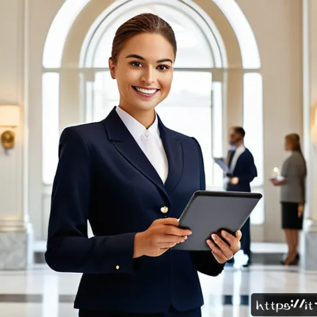 호텔 연봉 협상에서의 심리 전략 - A confident hotel receptionist in a luxurious Italian hotel lobby, dressed in a professional uniform...