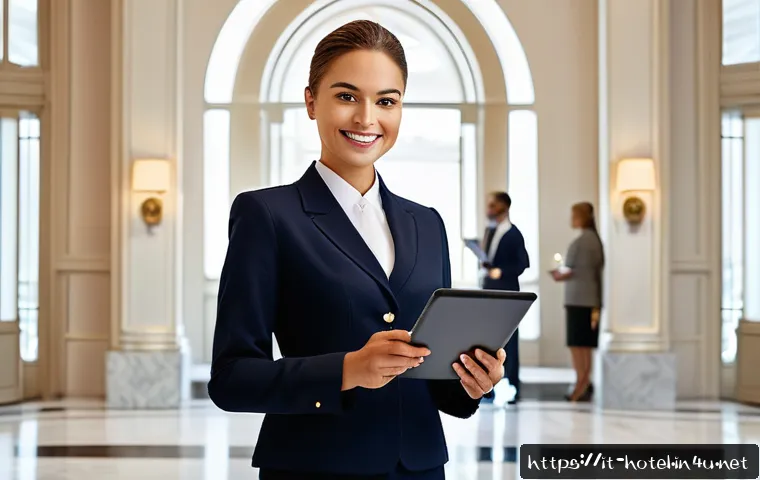 호텔 연봉 협상에서의 심리 전략 - A confident hotel receptionist in a luxurious Italian hotel lobby, dressed in a professional uniform...