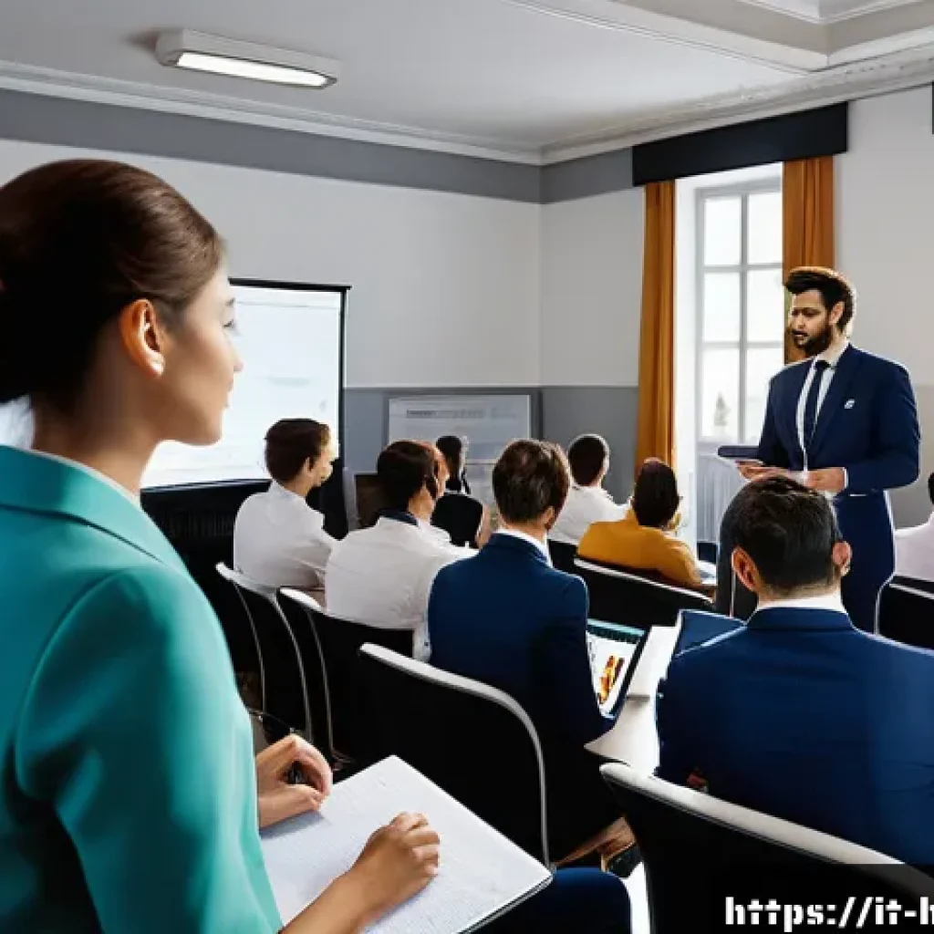 호텔관리사 자격증의 장단점 - A modern hotel management training classroom scene in Italy, featuring diverse adult students attent...
