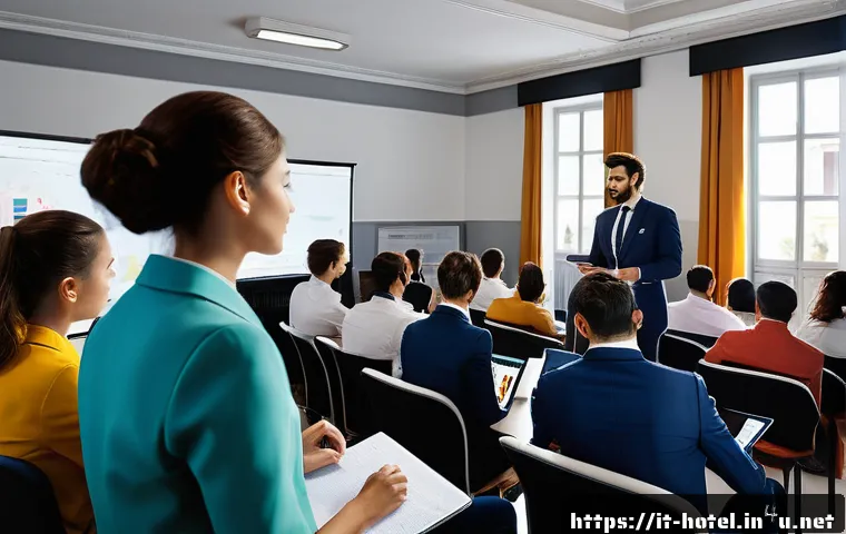 호텔관리사 자격증의 장단점 - A modern hotel management training classroom scene in Italy, featuring diverse adult students attent...