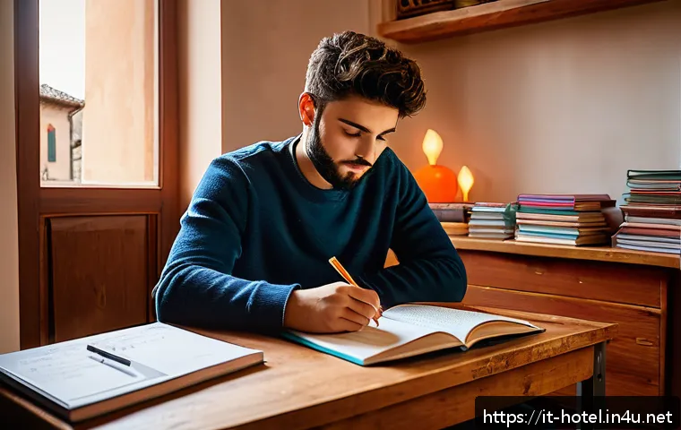 호텔 필기 시험 준비를 위한 자료 다운로드 - A focused young adult student sitting at a wooden desk in a cozy Italian-style study room, surrounde...