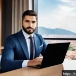호텔관리사 연봉 협상 팁 - A confident Italian hotel manager in a modern hotel office, dressed in smart business attire with a ...
