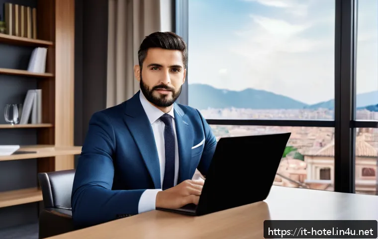 호텔관리사 연봉 협상 팁 - A confident Italian hotel manager in a modern hotel office, dressed in smart business attire with a ...