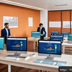 호텔관리사 자격증 유지 조건 - A modern hotel management office scene in Italy, featuring a diverse team of professionals engaged i...