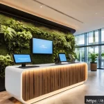 호텔 업계의 장기적 전망 - A modern hotel lobby featuring advanced AI assistants: sleek digital kiosks with touchscreens and fr...