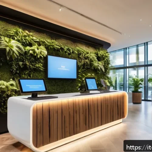 호텔 업계의 장기적 전망 - A modern hotel lobby featuring advanced AI assistants: sleek digital kiosks with touchscreens and fr...