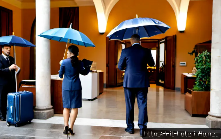 Home 17 호텔 실무와 관련된 창의적 문제 해결 사례 - Photorealistic luxury hotel lobby in Rome during a sudden rainy afternoon, an Italian hotel manager ...