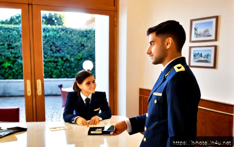 호텔 실기 시험 후기와 꿀팁 - Photorealistic Italian hotel practical exam scene, confident young hospitality candidate in a neat n...